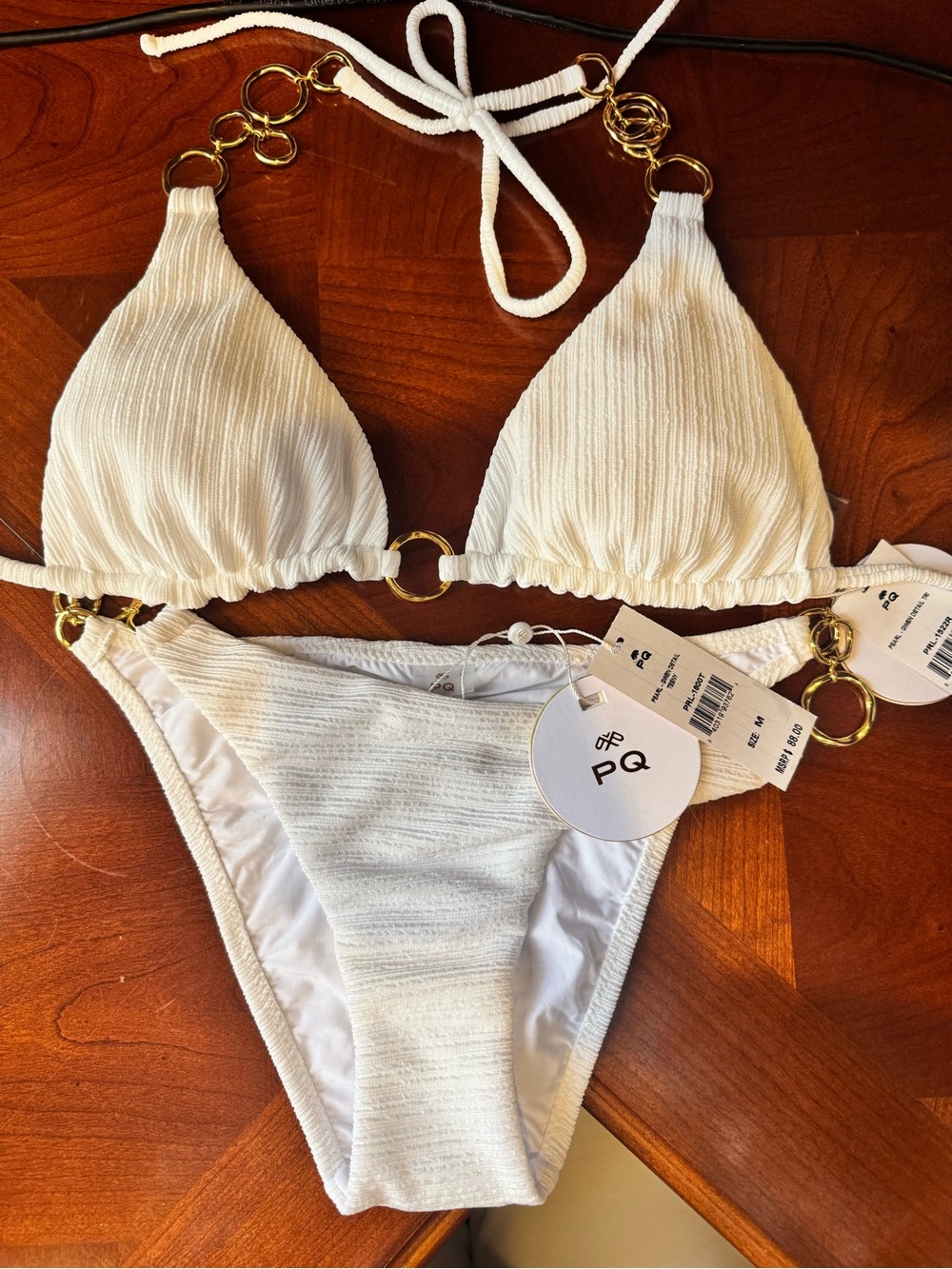 PQ White Textured Bikini with Gold Ring Accents
